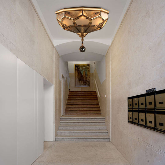 Chinese Style Opal Glass Dome Ceiling Lighting, Brass Finish Flush Mount Light for Bedroom - 3/4-Light, 14"/18" Width