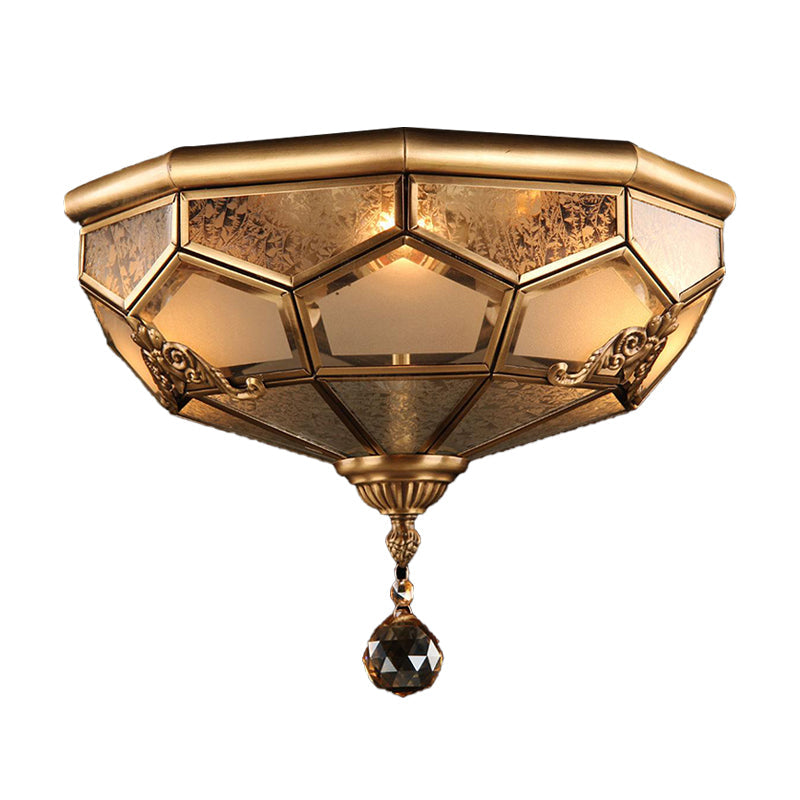 Chinese Style Opal Glass Dome Ceiling Lighting, Brass Finish Flush Mount Light for Bedroom - 3/4-Light, 14"/18" Width