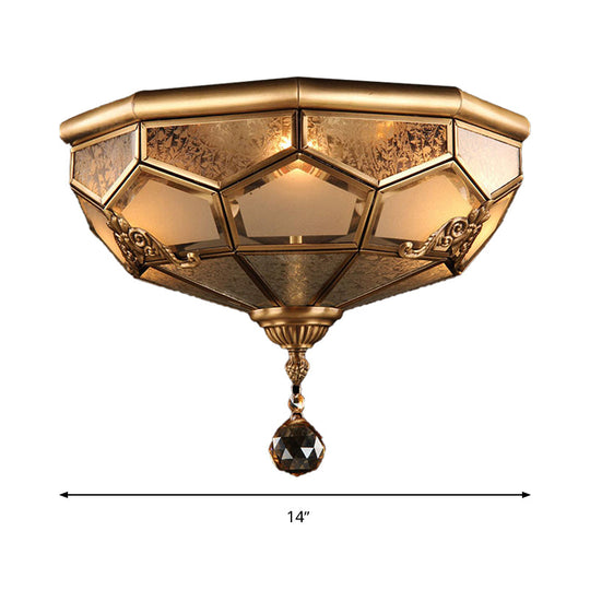 Chinese Style Opal Glass Dome Ceiling Lighting, Brass Finish Flush Mount Light for Bedroom - 3/4-Light, 14"/18" Width