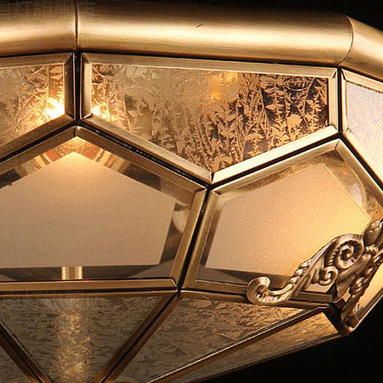 Chinese Style Opal Glass Dome Ceiling Lighting, Brass Finish Flush Mount Light for Bedroom - 3/4-Light, 14"/18" Width