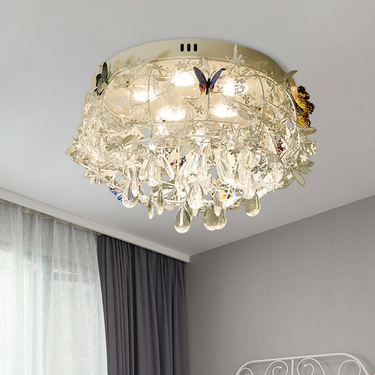 Cascade Teardrop Crystal Ceiling Light - 18"/23.5" Wide, Contemporary 5 Heads, Nickel Flush Mount