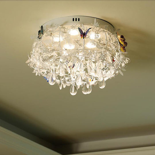 Cascade Teardrop Crystal Ceiling Light - 18/23.5 Wide Contemporary 5 Heads Nickel Flush Mount