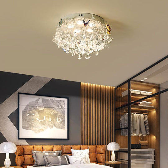Cascade Teardrop Crystal Ceiling Light - 18"/23.5" Wide, Contemporary 5 Heads, Nickel Flush Mount