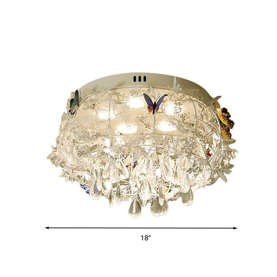 Cascade Teardrop Crystal Ceiling Light - 18"/23.5" Wide, Contemporary 5 Heads, Nickel Flush Mount