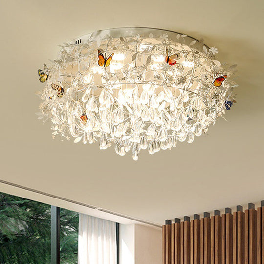 Cascade Teardrop Crystal Ceiling Light - 18"/23.5" Wide, Contemporary 5 Heads, Nickel Flush Mount