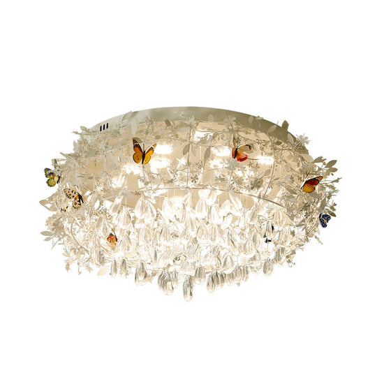 Cascade Teardrop Crystal Ceiling Light - 18/23.5 Wide Contemporary 5 Heads Nickel Flush Mount