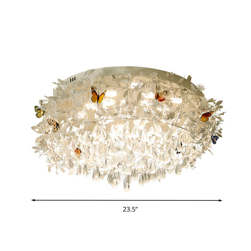 Cascade Teardrop Crystal Ceiling Light - 18"/23.5" Wide, Contemporary 5 Heads, Nickel Flush Mount