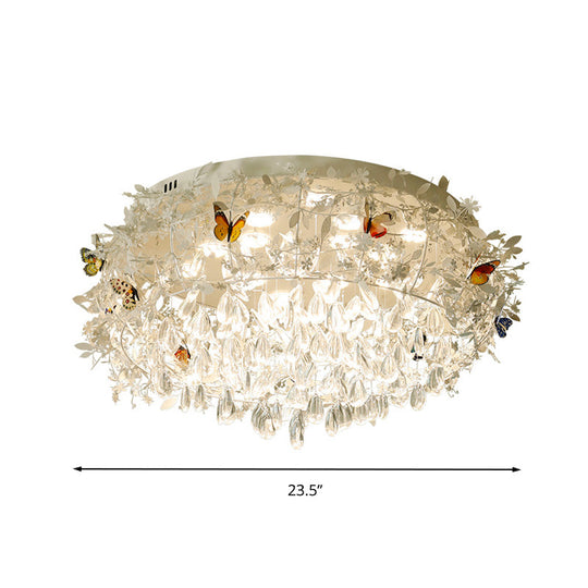 Cascade Teardrop Crystal Ceiling Light - 18"/23.5" Wide, Contemporary 5 Heads, Nickel Flush Mount