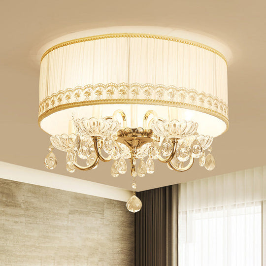 Modern Crystal Flush Light Fixture - White Candle with 5 Heads, Fabric Shade & Ceiling Mounted Design