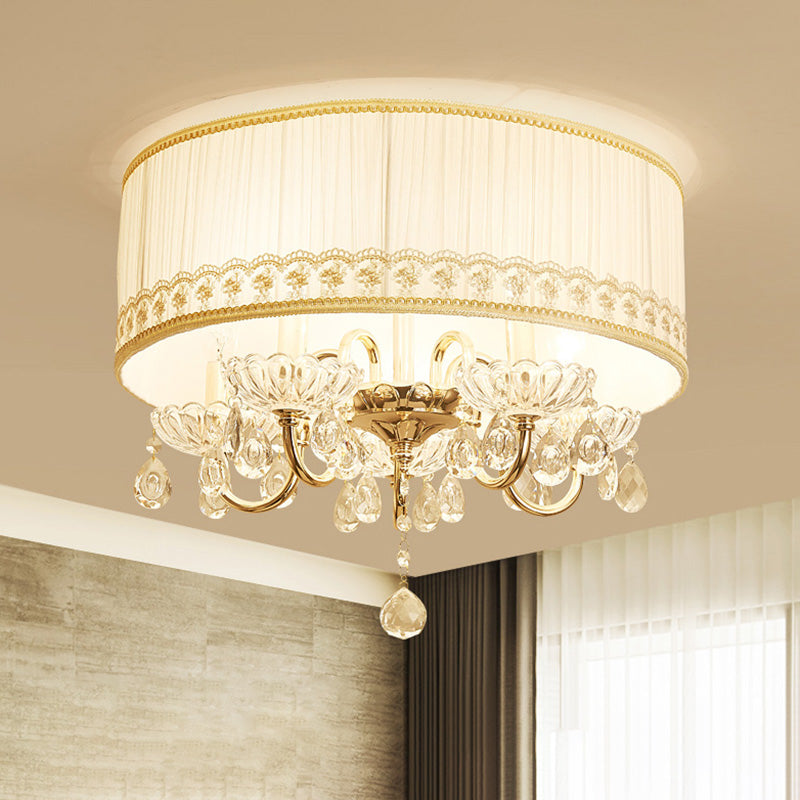 Modern Crystal Flush Light Fixture - White Candle With 5 Heads Fabric Shade & Ceiling Mounted Design