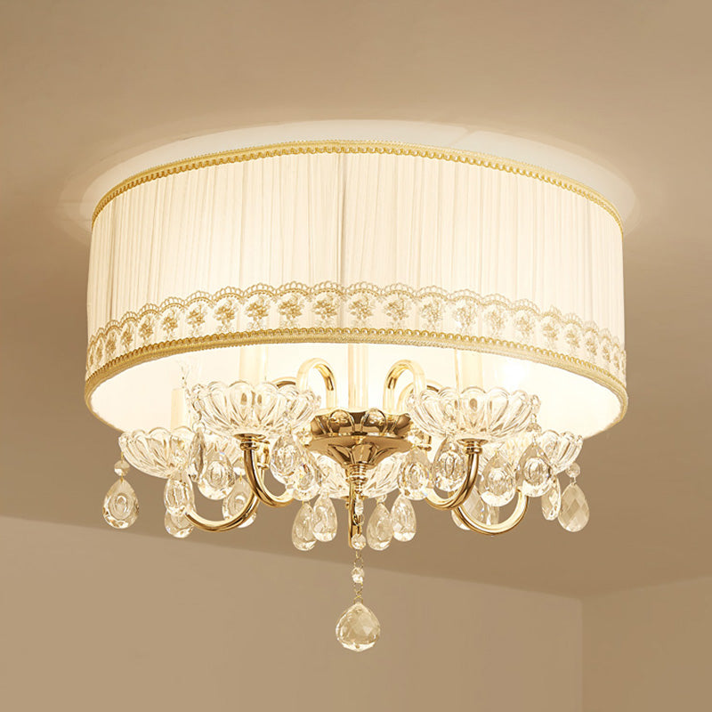 Modern Crystal Flush Light Fixture - White Candle with 5 Heads, Fabric Shade & Ceiling Mounted Design