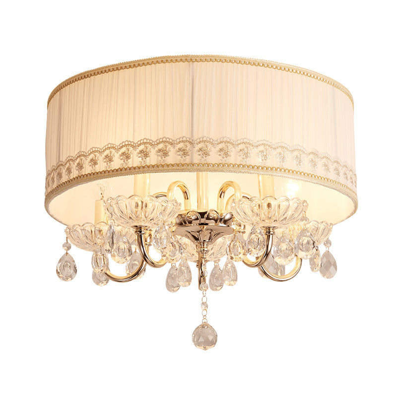 Modern Crystal Flush Light Fixture - White Candle with 5 Heads, Fabric Shade & Ceiling Mounted Design