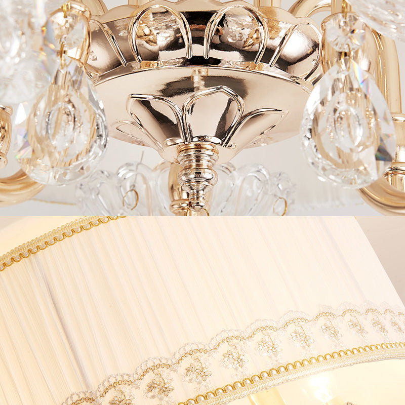 Modern Crystal Flush Light Fixture - White Candle with 5 Heads, Fabric Shade & Ceiling Mounted Design