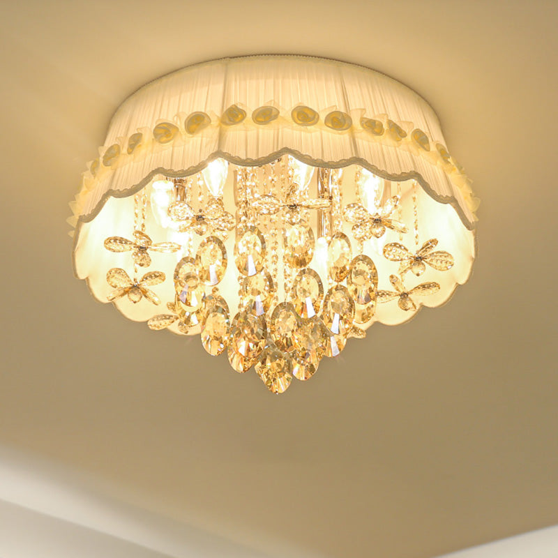 Simple Style White Scalloped Flush Mount Light with Crystal Drops (6/8 Heads)
