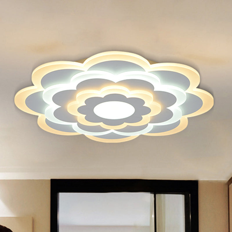 Contemporary White Flower Acrylic LED Flush Mount Ceiling Light - Outer Warm Inner White - 15"/19.5" Wide