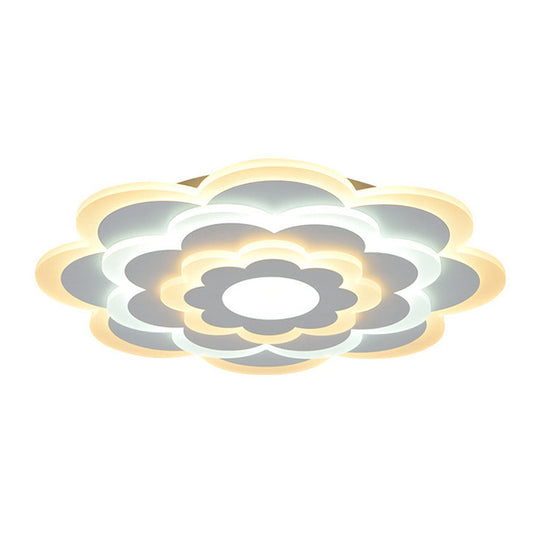 Contemporary White Flower Acrylic LED Flush Mount Ceiling Light - Outer Warm Inner White - 15"/19.5" Wide