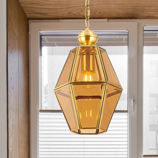 Colonial Ceiling Pendant Lamp With Geometric Glass Shade For Living Room