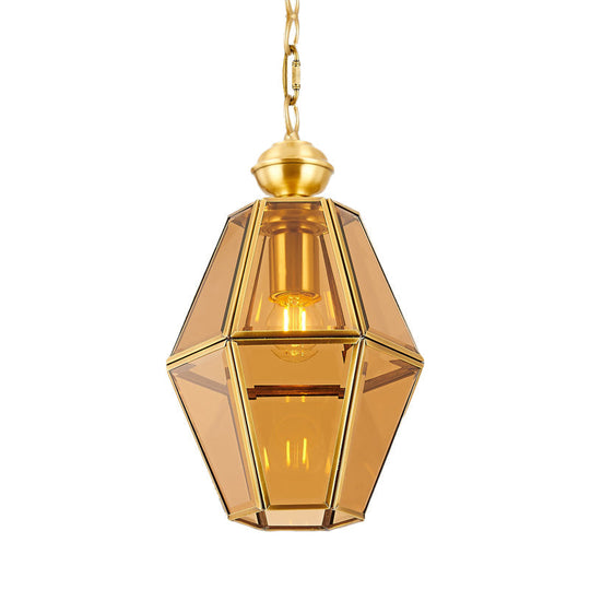 Colonial Ceiling Pendant Lamp With Geometric Glass Shade For Living Room
