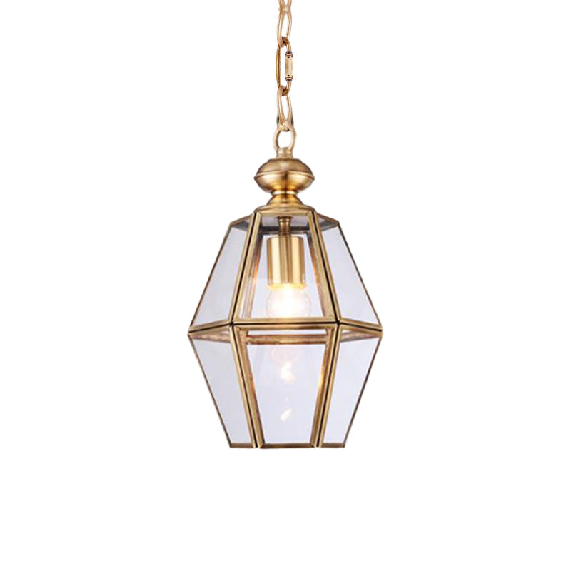 Colonial Ceiling Pendant Lamp With Geometric Glass Shade For Living Room