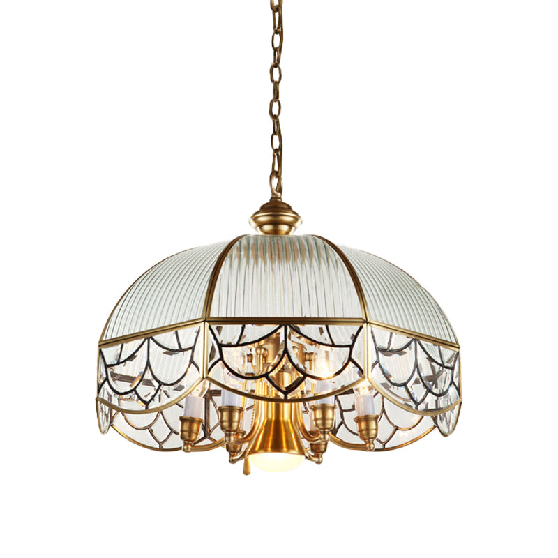 Scalloped Brass Pendant Light With 7 Frosted Glass Shades - Colonial Style
