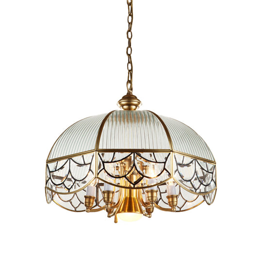 Scalloped Brass Pendant Light With 7 Frosted Glass Shades - Colonial Style
