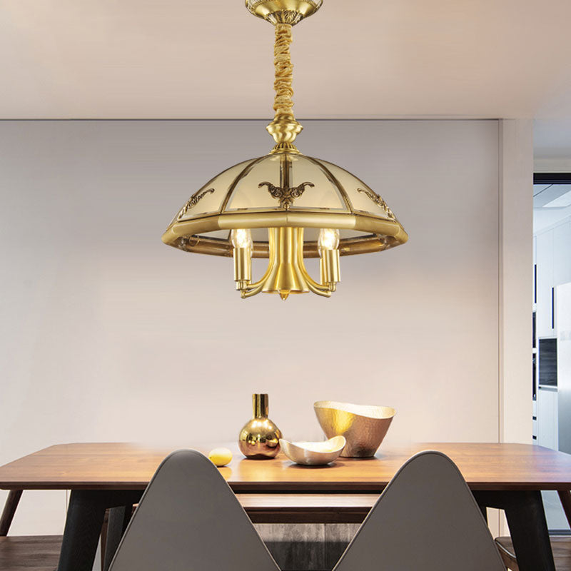 Sandblasted Glass Chandelier - Colonial Brass Dome Bedroom Pendant Lighting Fixture Set Of 5 Bulbs