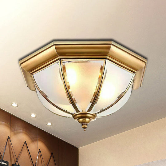 Colonial Brass Flushmount Ceiling Light With Frosted Glass Bowl Shade & 3 Lights