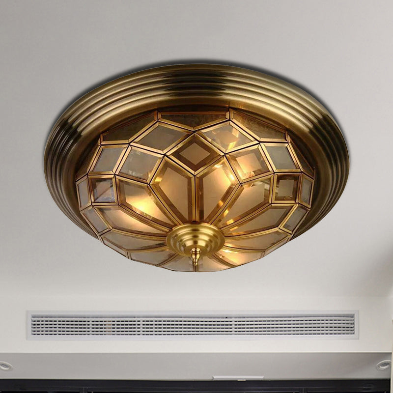 Prismatic Frosted Glass Flush Light Fixture - 3/4 Lights Bedroom Lighting in Brass, 14-18" Wide