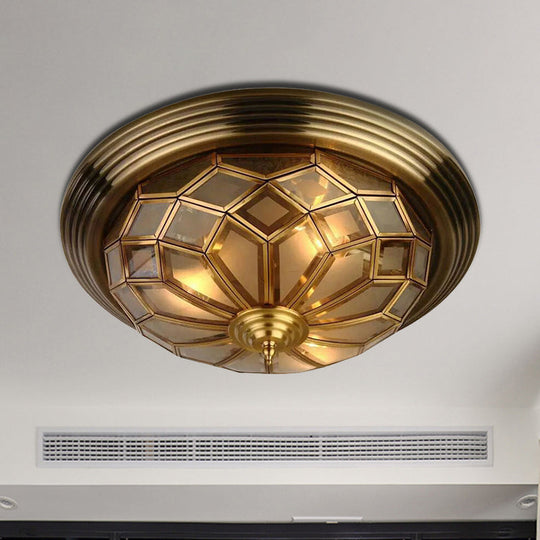 Prismatic Frosted Glass Flush Light Fixture - 3/4 Lights Bedroom Lighting in Brass, 14-18" Wide