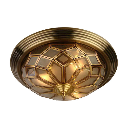 Prismatic Frosted Glass Flush Light Fixture - 3/4 Lights Bedroom Lighting in Brass, 14-18" Wide