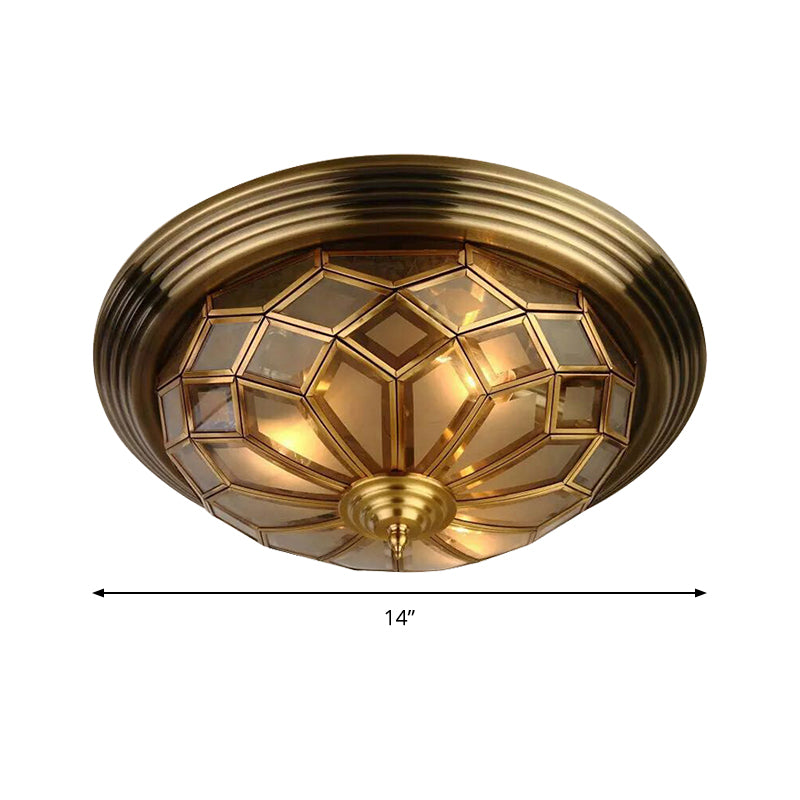 Prismatic Frosted Glass Flush Light Fixture - 3/4 Lights Bedroom Lighting in Brass, 14-18" Wide