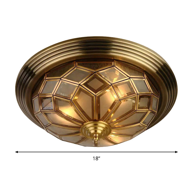 Prismatic Frosted Glass Flush Light Fixture - 3/4 Lights Bedroom Lighting in Brass, 14-18" Wide