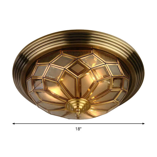 Prismatic Frosted Glass Flush Light Fixture - 3/4 Lights Bedroom Lighting in Brass, 14-18" Wide