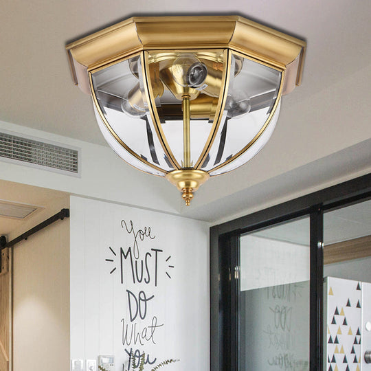 Colonial Style Brass Domed Flush Ceiling Light - 3 Lights Clear Glass Flush Mount for Bedrooms