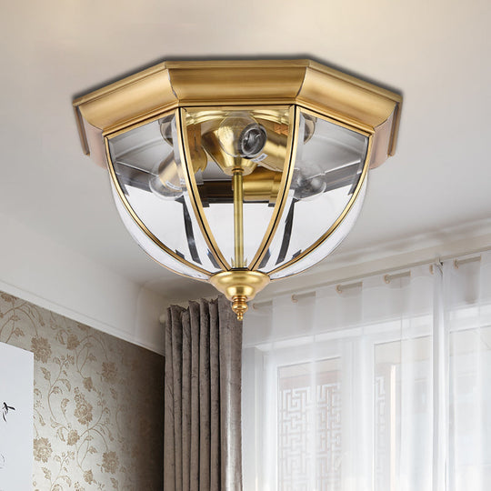 Colonial Style Brass Domed Flush Ceiling Light - 3 Lights Clear Glass Flush Mount for Bedrooms