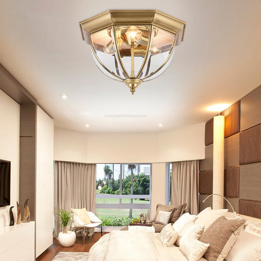 Colonial Style Brass Domed Flush Ceiling Light - 3 Lights Clear Glass Flush Mount for Bedrooms