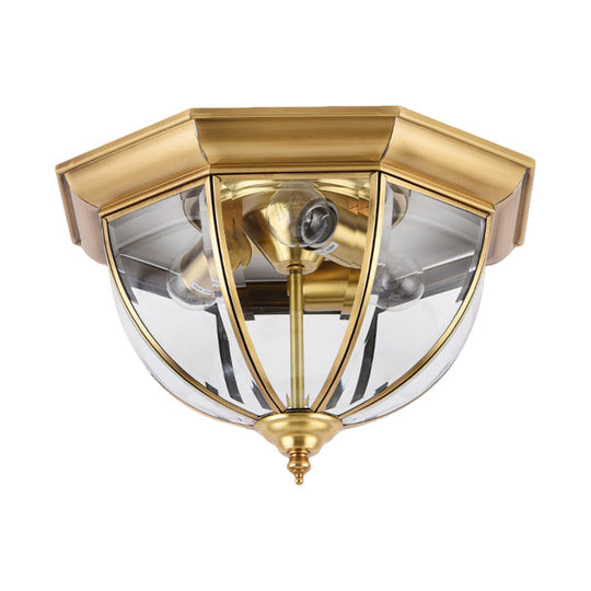 Colonial Style Brass Domed Flush Ceiling Light - 3 Lights Clear Glass Flush Mount for Bedrooms