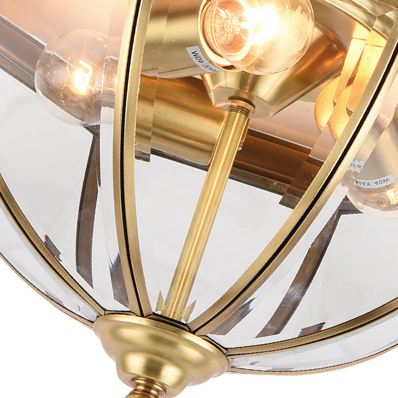Colonial Style Brass Domed Flush Ceiling Light - 3 Lights Clear Glass Flush Mount for Bedrooms