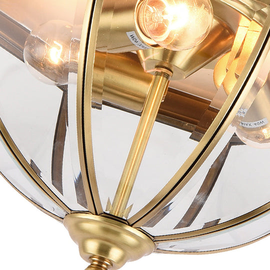 Colonial Style Brass Domed Flush Ceiling Light - 3 Lights Clear Glass Flush Mount for Bedrooms