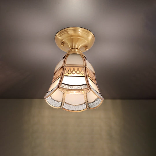 Classic Brass Tapered Flush Mount Light with Frosted Glass - 5"/6.5" Wide, 1-Light, Colonial Style for Living Room Ceiling