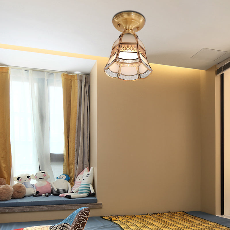 Classic Brass Tapered Flush Mount Light with Frosted Glass - 5"/6.5" Wide, 1-Light, Colonial Style for Living Room Ceiling