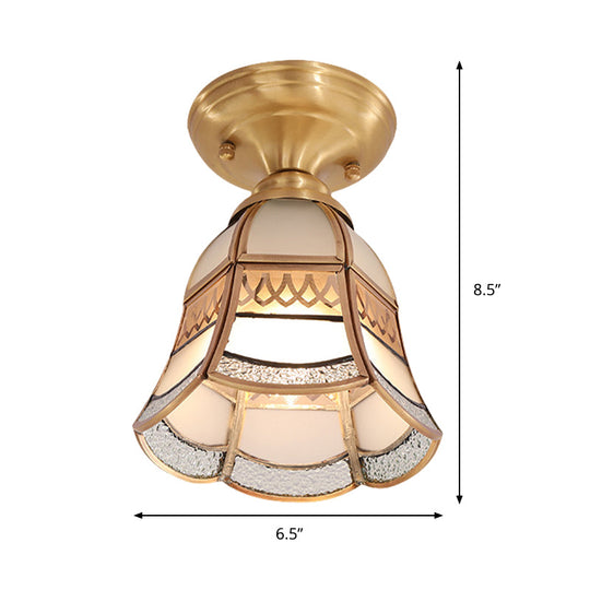 Classic Brass Tapered Flush Mount Light With Frosted Glass - 5/6.5 Wide 1-Light Colonial Style For