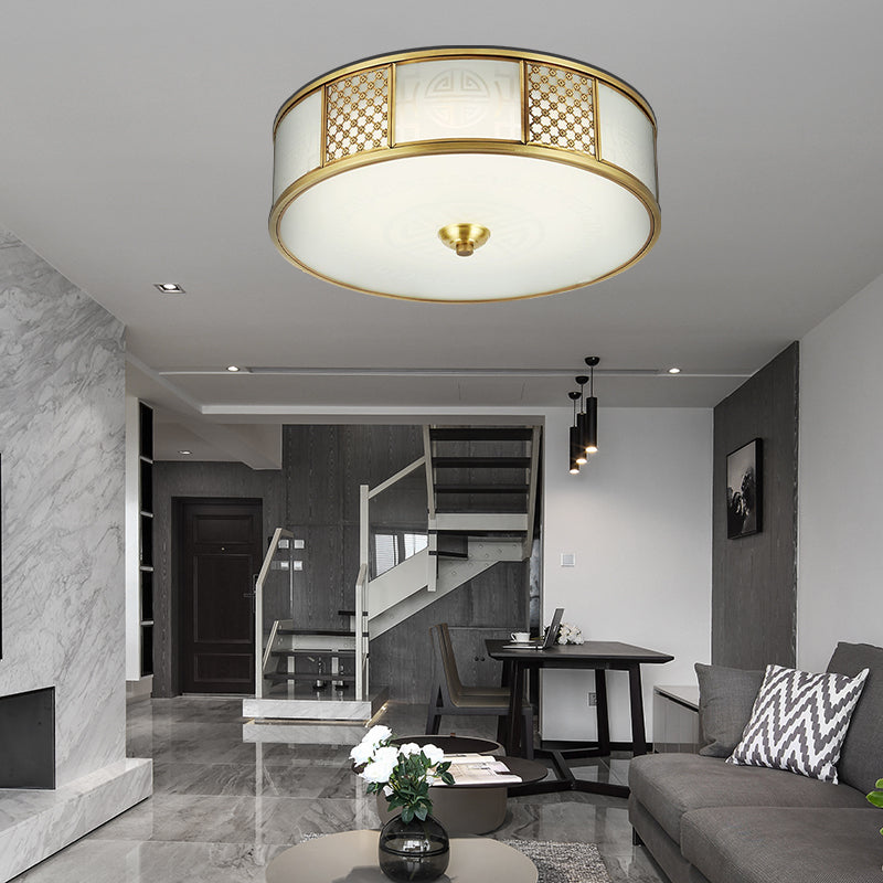 14"/18" Wide 4-Light Colonial Drum Flush Mount Ceiling Light with Milky Glass Flushmount in Brass"
or
"Colonial Drum Flush Mount Ceiling Light - 14"/18" Wide 4-Light, Milky Glass Flushmount in Brass