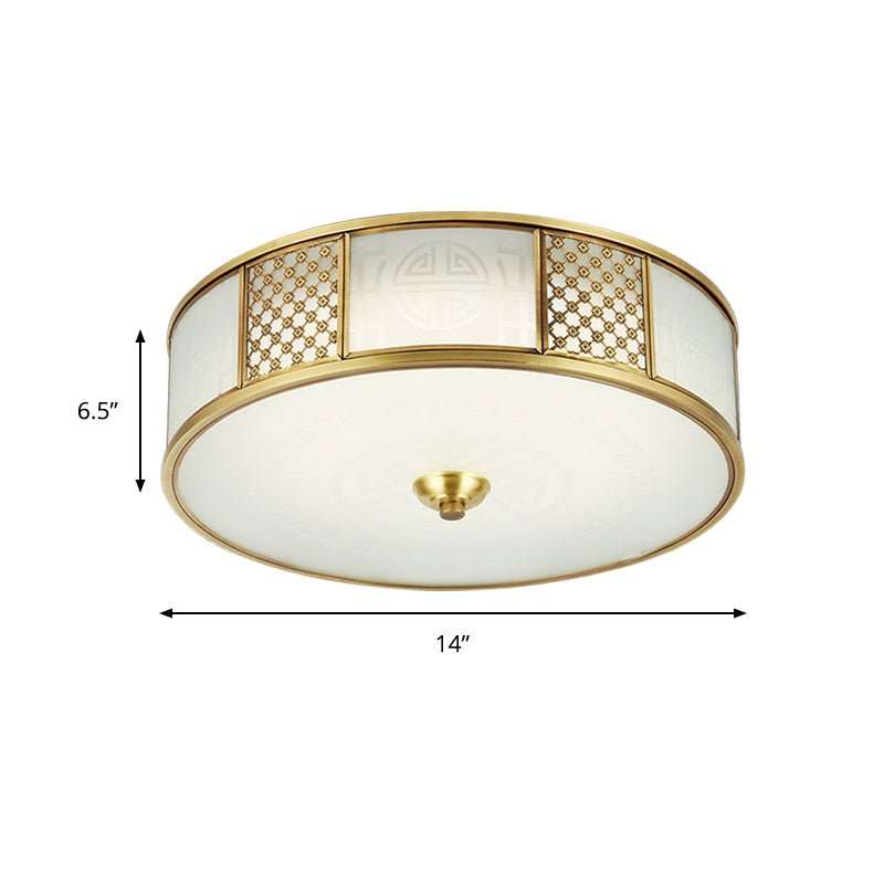 14"/18" Wide 4-Light Colonial Drum Flush Mount Ceiling Light with Milky Glass Flushmount in Brass"
or
"Colonial Drum Flush Mount Ceiling Light - 14"/18" Wide 4-Light, Milky Glass Flushmount in Brass