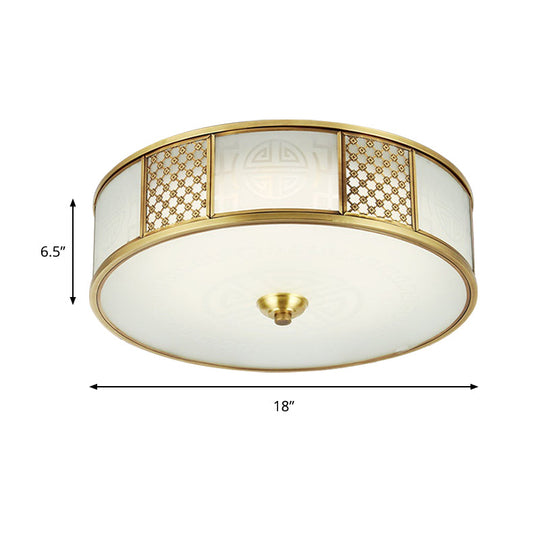 14"/18" Wide 4-Light Colonial Drum Flush Mount Ceiling Light with Milky Glass Flushmount in Brass"
or
"Colonial Drum Flush Mount Ceiling Light - 14"/18" Wide 4-Light, Milky Glass Flushmount in Brass