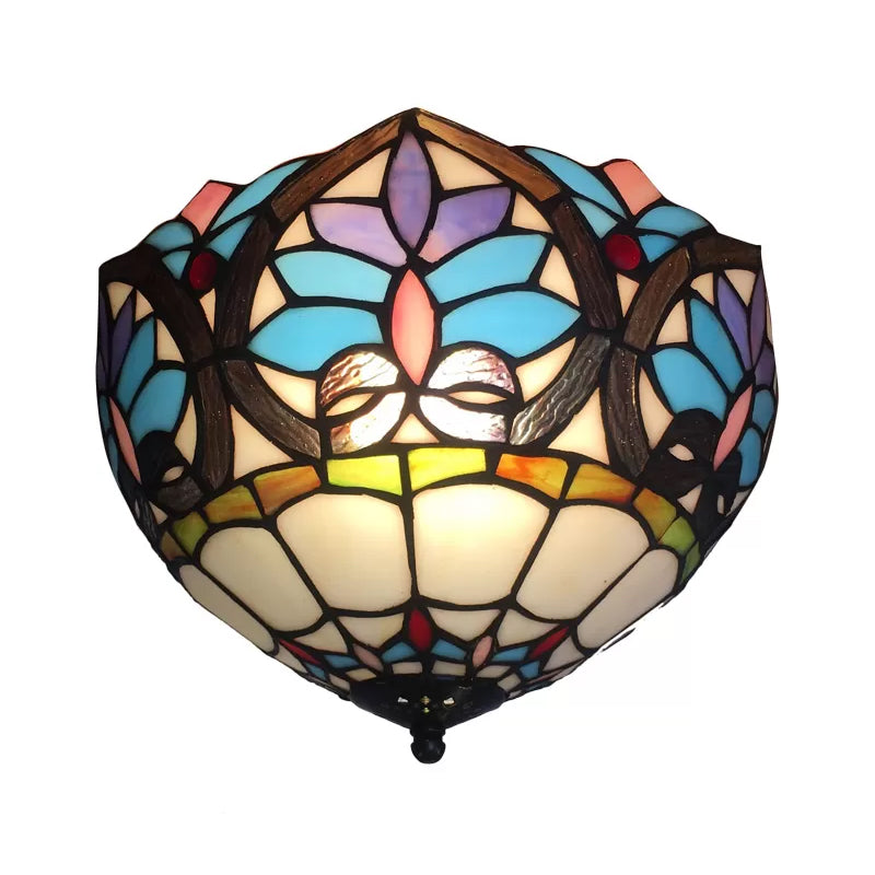 Antique Brass Floral Stained Glass Ceiling Light - Victorian Style Flush Mount Fixture for Living Room (2 Lights)