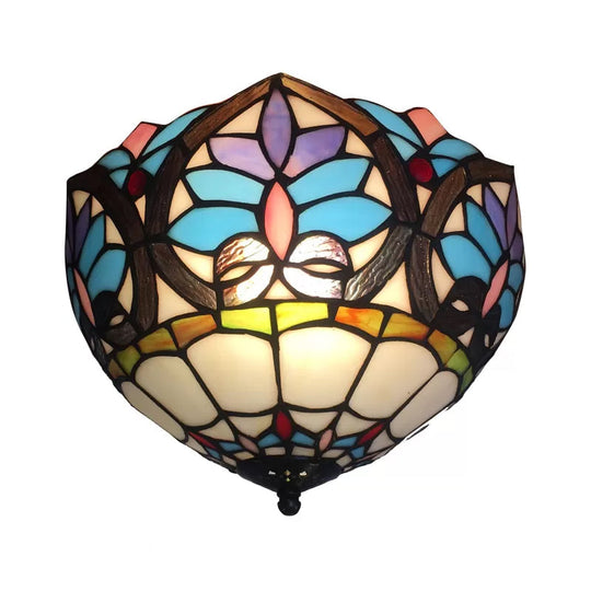 Antique Brass Floral Stained Glass Ceiling Light - Victorian Style Flush Mount Fixture for Living Room (2 Lights)