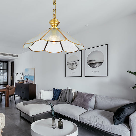 Brass And Frosted Glass Cone Pendant Light With Simple Style 1 Bulb - Available In 12 Or 16 Width