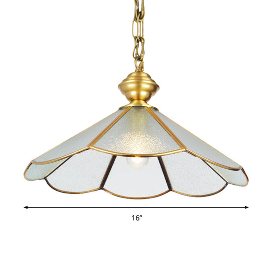 Brass And Frosted Glass Cone Pendant Light With Simple Style 1 Bulb - Available In 12 Or 16 Width