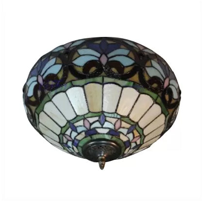 Antique Brass Floral Stained Glass Ceiling Light - Victorian Style Flush Mount Fixture for Living Room (2 Lights)